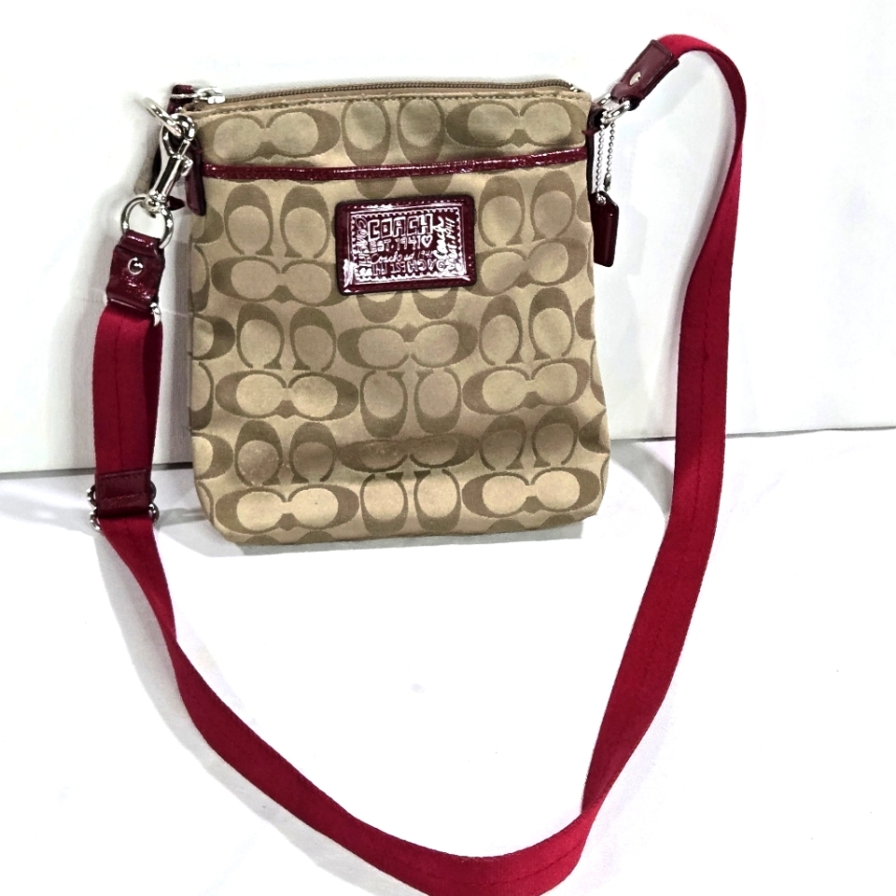 COACH Beige & Red Crossbody Bag Y2K Signature Logo Purse Poppy Cherry Khaki